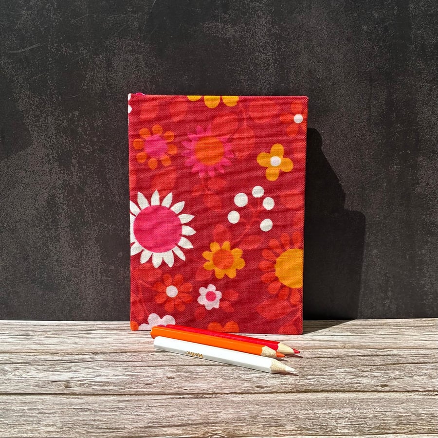 Handstitched 1960s Vintage Dekoplus Fabric Covered A6 Notebook, Fuschia