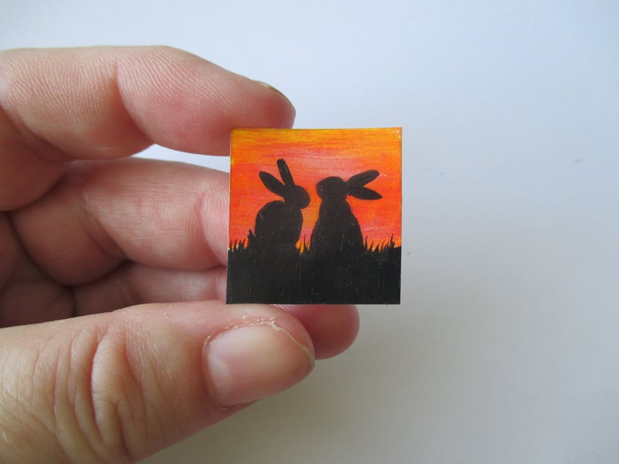 Dolls House Miniature Original Painting Bunny Silhouette Sunset Art Rabbit