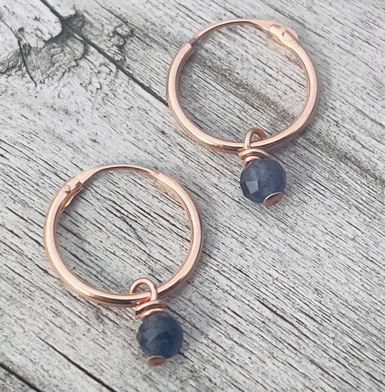 9ct Rose Gold 11mm Hoop Earrings with Small Sapphire Gemstone Drops