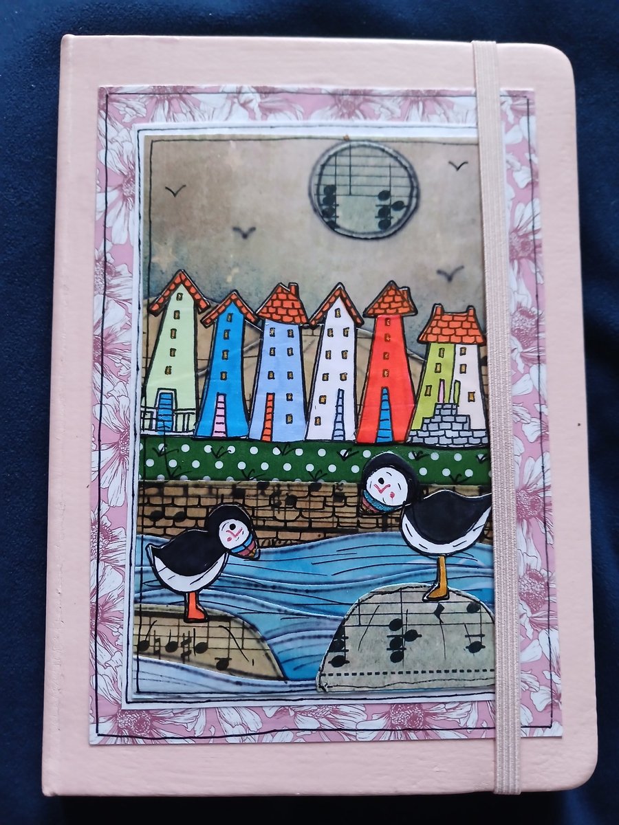 Quirky art, cute puffin lined A5 hand decorated quirky  journal  notebook