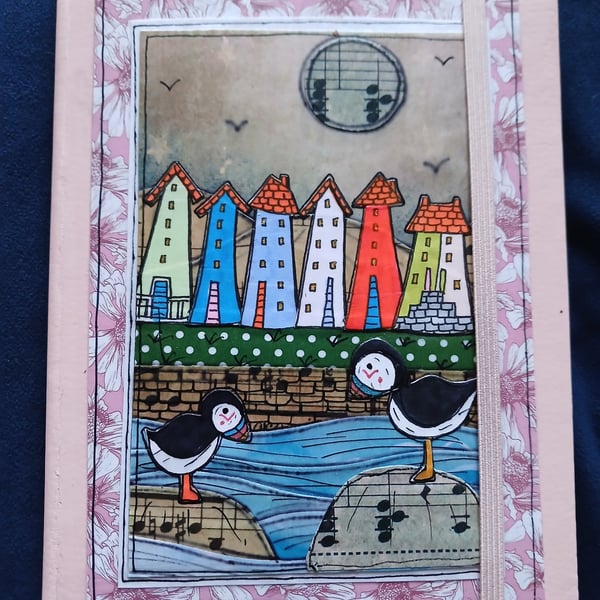 Quirky art, cute puffin lined A5 hand decorated quirky  journal  notebook