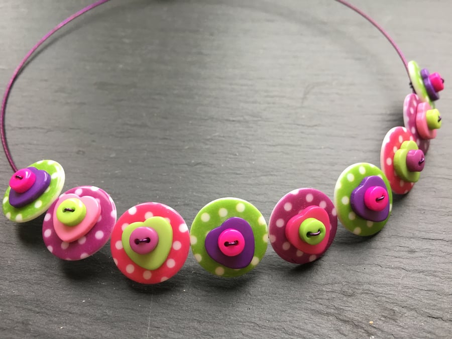 Spotted Heart Button Choker Necklace Pink Green Purple