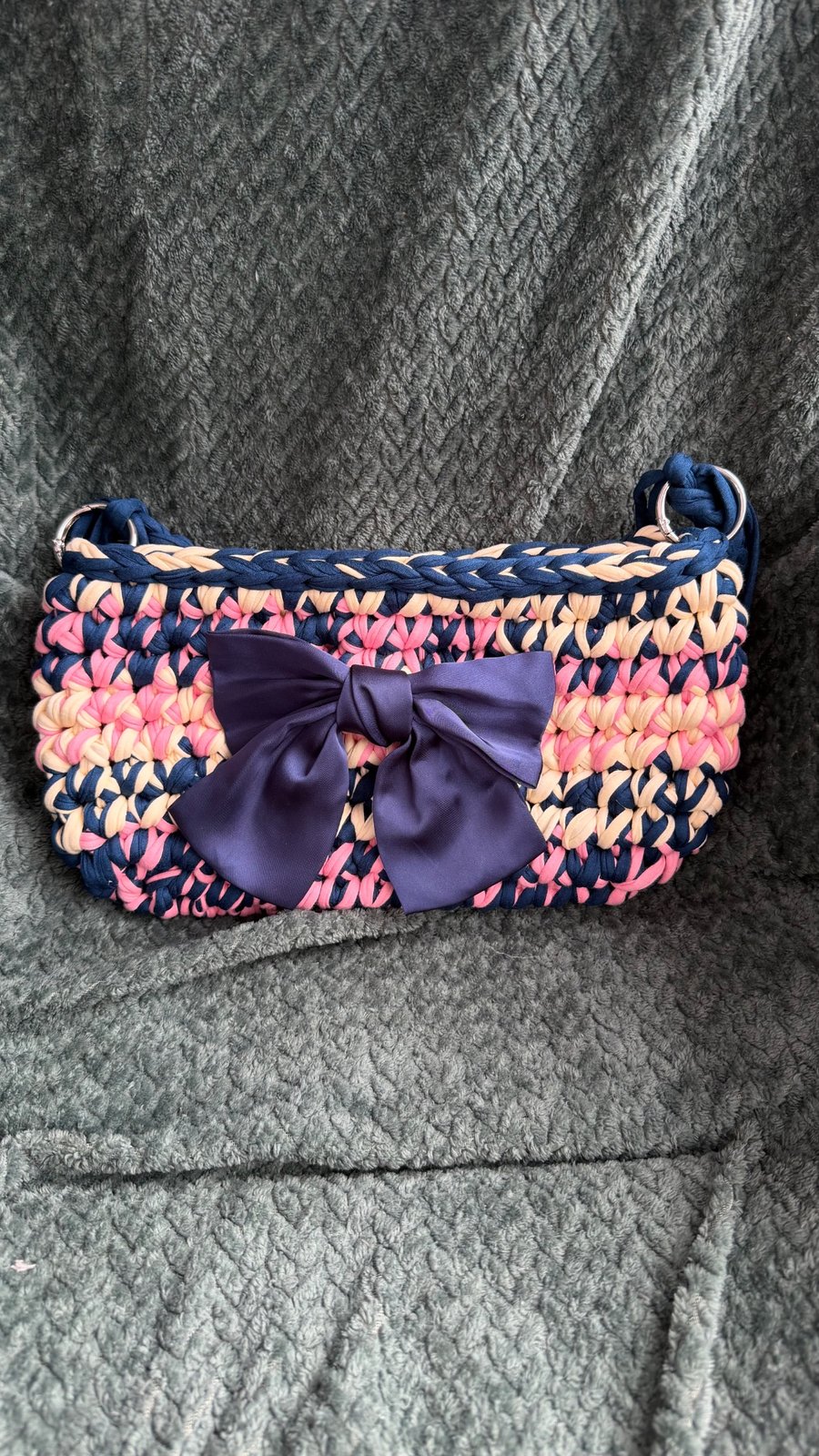 Bespoke Crochet Shoulder Bag — Navy, Blush & Cream with Satin Bow
