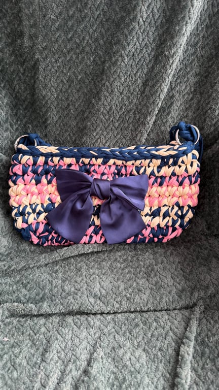 Bespoke Crochet Shoulder Bag — Navy, Blush & Cream with Satin Bow