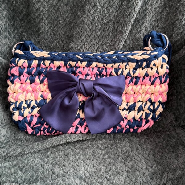 Bespoke Crochet Shoulder Bag — Navy, Blush & Cream with Satin Bow