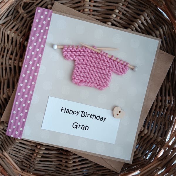 Gran Birthday Card with Small Pink Knitted Jumper Size 5" x 5" 