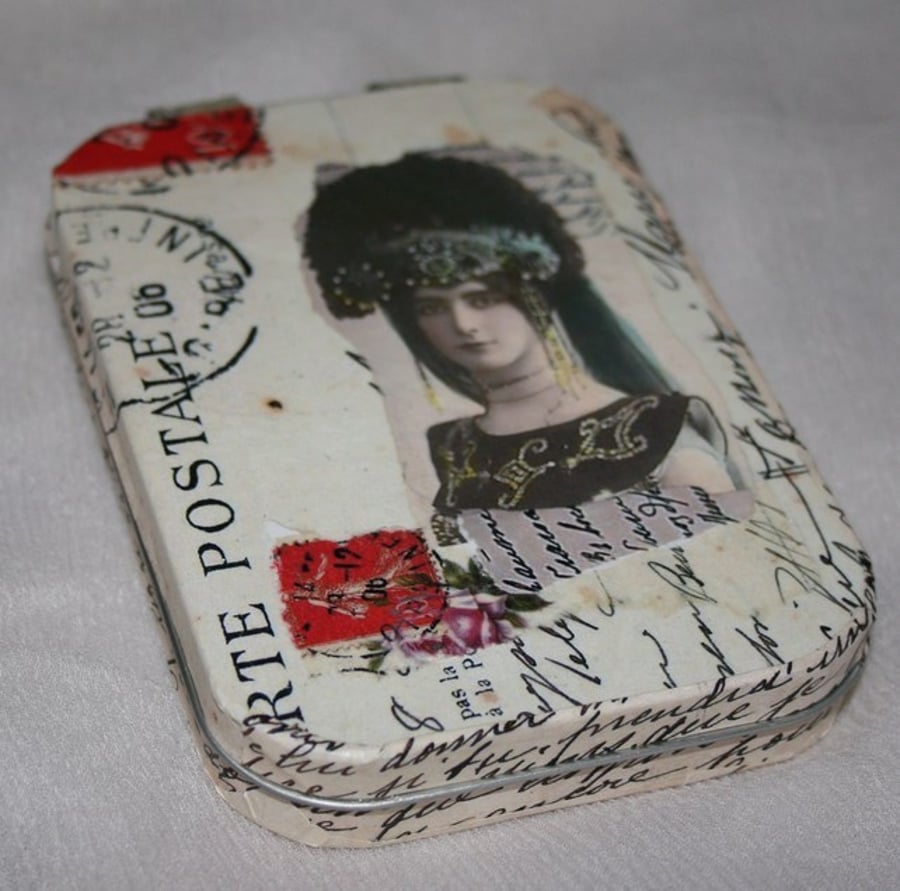 Decoupaged tin, notebook and pencil, with vintage lady theme.