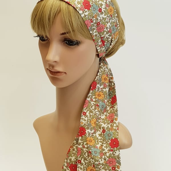 Pin up style floral cotton head scarf, self tie hair band, pin up bandanna