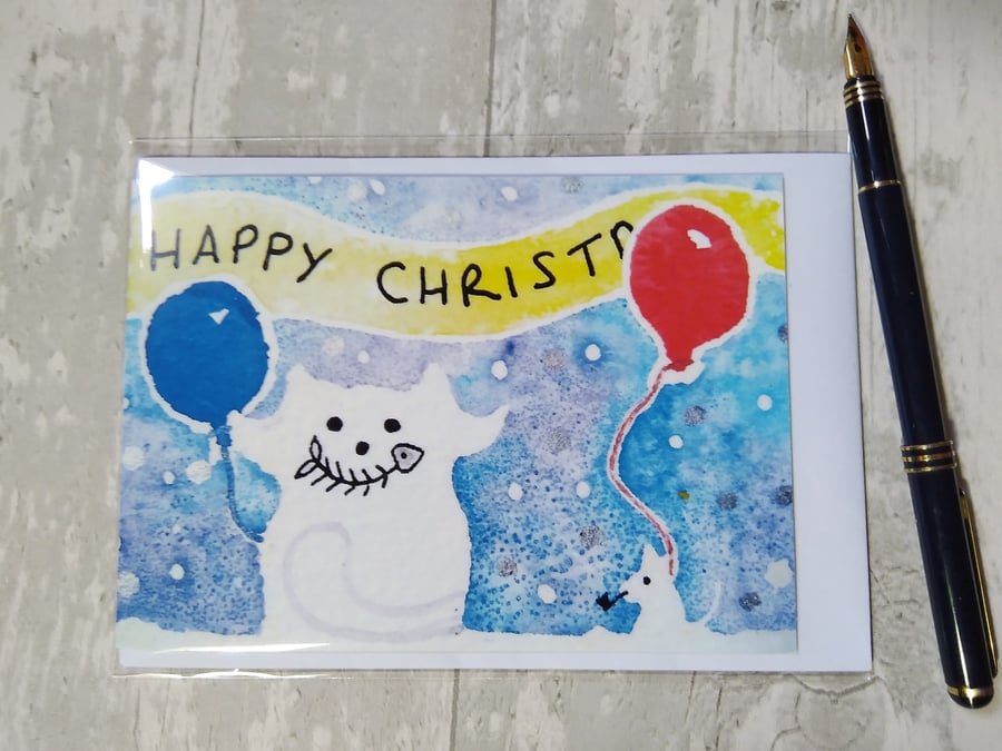 Christmas card (printed) Snow cat and mouse's Christmas party