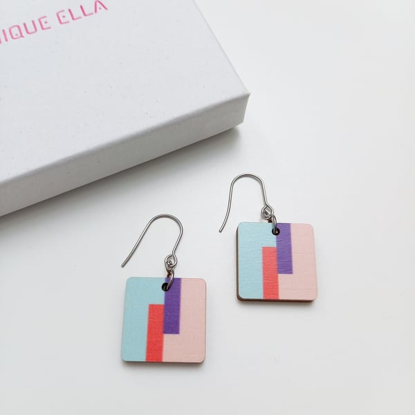 Flow Square Drop Earrings, Colourful Print Wooden Earrings, Sustainable Gift For