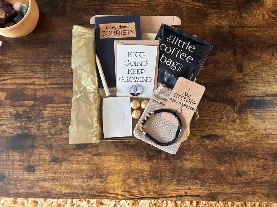 Mens Sobriety Gift Box with Recovery band, homemade soap and treats!