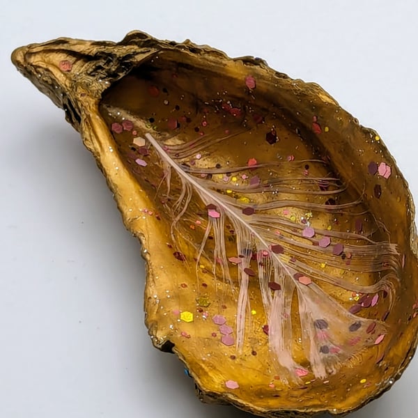 Gold Oyster Shell Jewellery Trinket Dish with Pink Feather Gold Leaf and Glitter