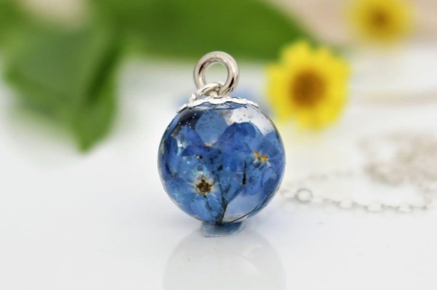 Forget me Not Real Flower Resin Orb Sphere Necklace