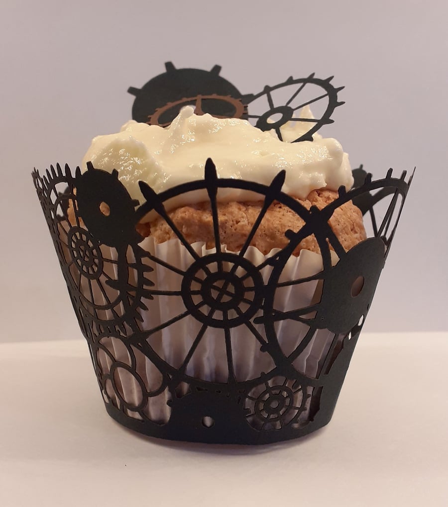 Unique Steampunk Paper Cupcake Wrap Holder with Cogs. Laser Cut.