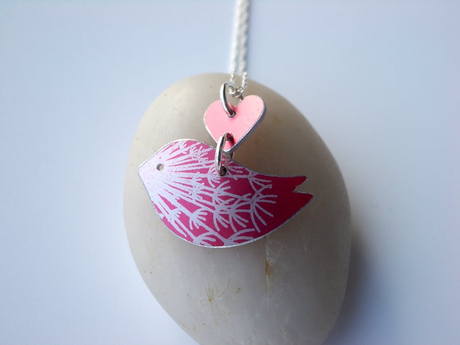 Bird necklace with dandelion print in red and silver