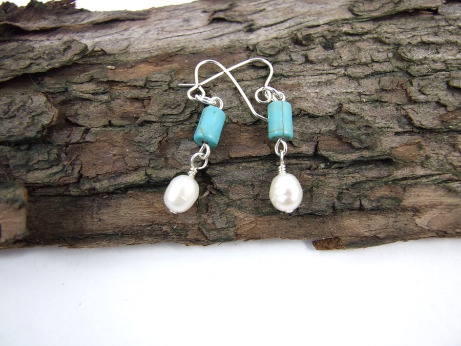 Earrings, Turquoise, Pearl and Sterling Silver