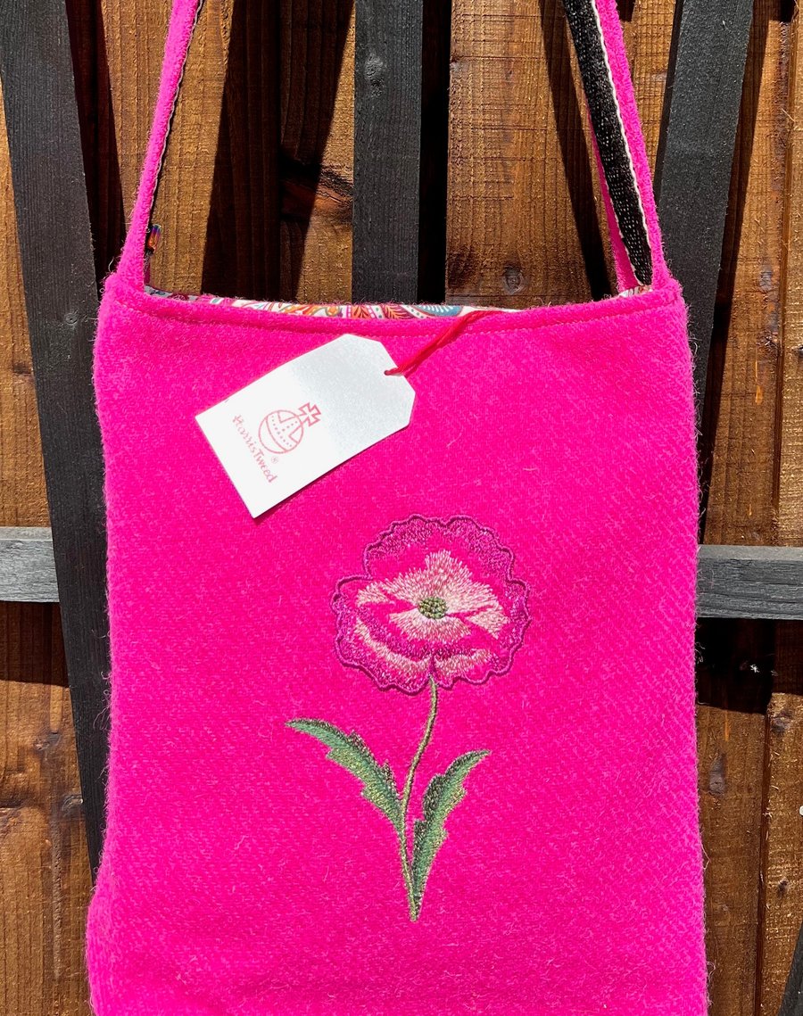 The Poppy Bag - Cerise Pink Harris Tweed Embroidered Shoulder or Crossbody Sac