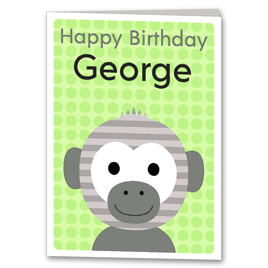 Monkey Birthday Card, Childrens, Kids Personalised Card