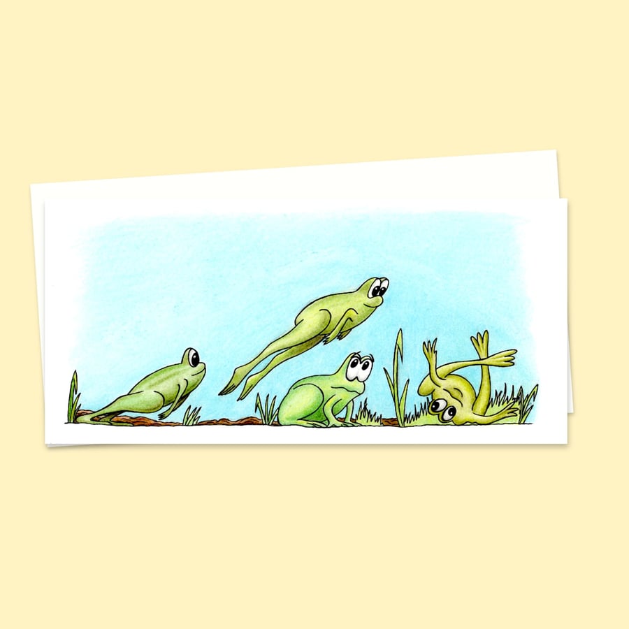 Leap Frogs Greeting Card: Funny Amphibian Games Illustration, Blank Inside (210)