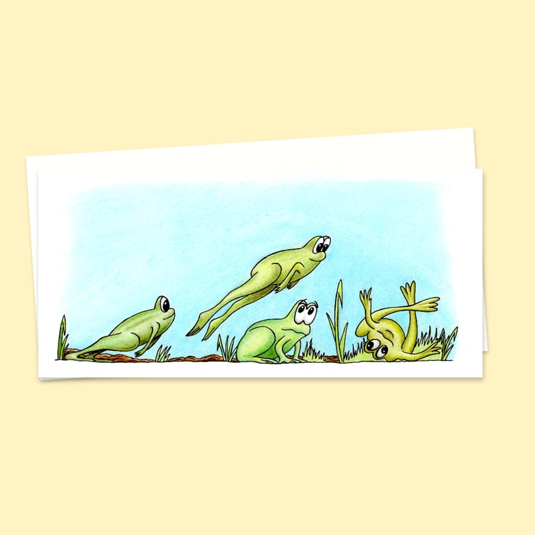 Leap Frogs Greeting Card: Funny Amphibian Games Illustration, Blank Inside (210)