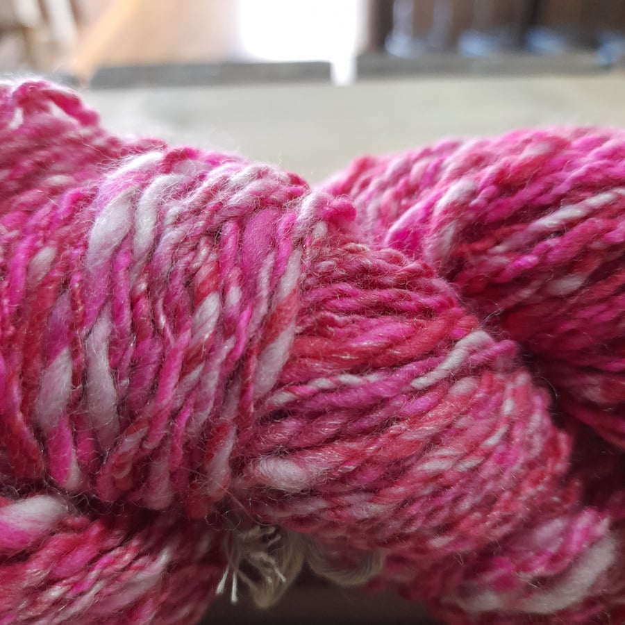 Pink Merino and silk blend hand spun double knit yarn