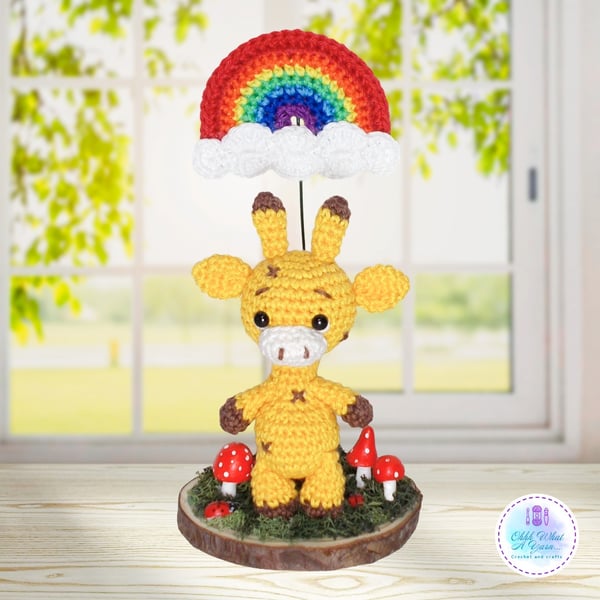 Crochet giraffe and rainbow sculpture. Giraffe ornament. Giraffe gift. 