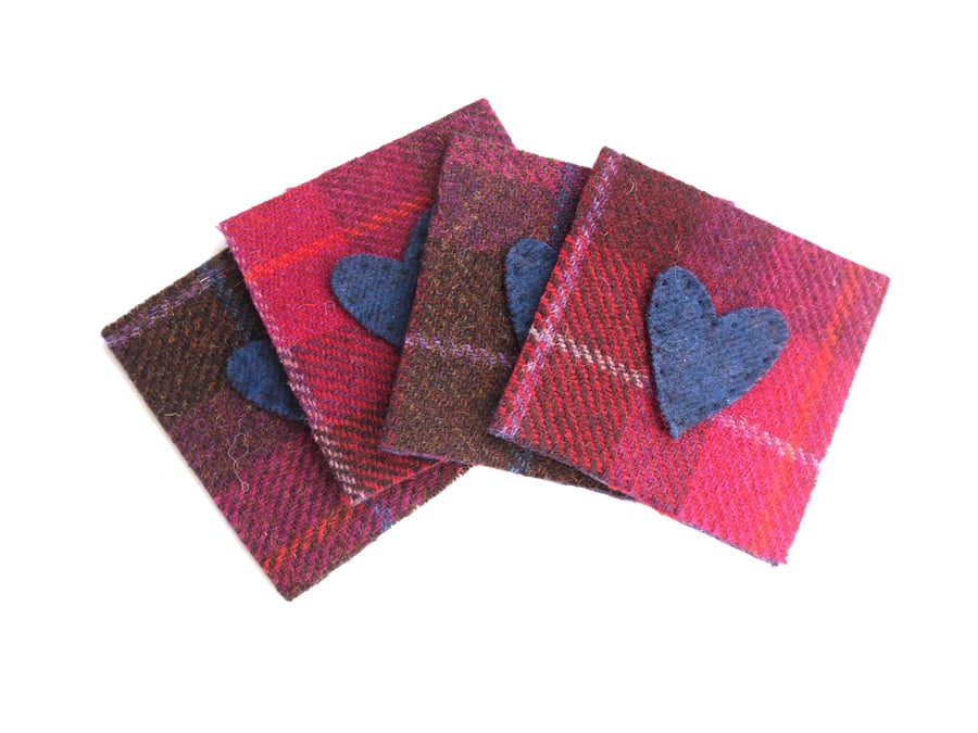 Red Harris Tweed wool coasters with hearts