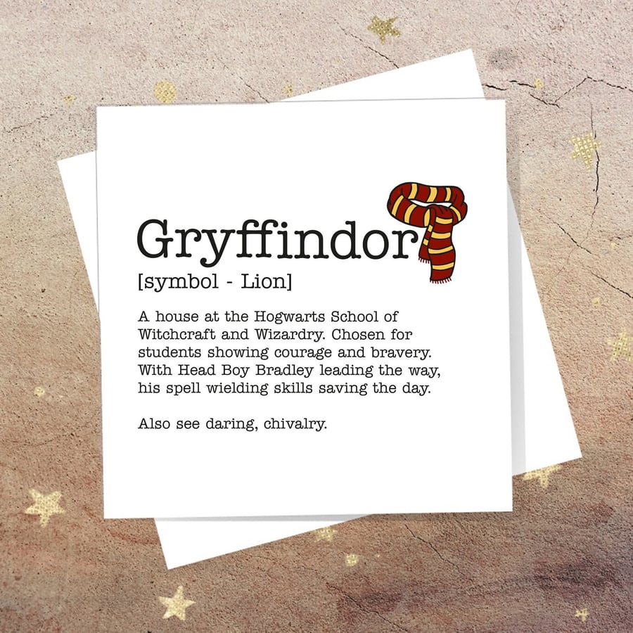 Personalised Gryffindor Definition Card, Harry Potter, Hogwarts. Free delivery