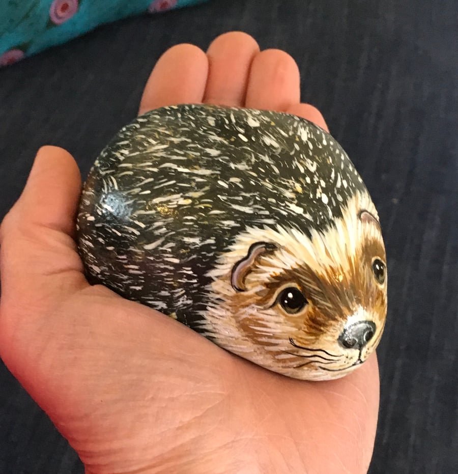 Hedgehog painted pebble garden rock art stone portrait 
