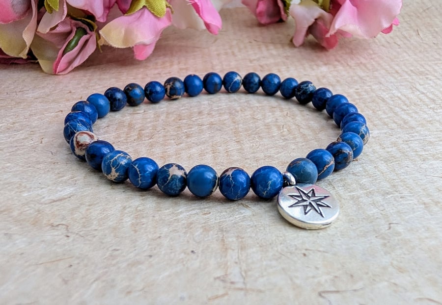 Blue sea sediment jasper stretch bracelet with North Star charm
