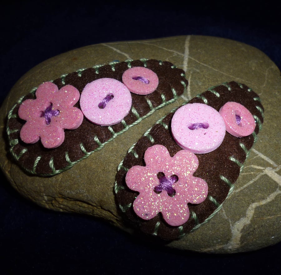 Hand made textile hair clips with shimmering foam die cut buttons
