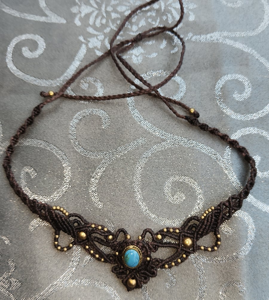 Dark Brown Macrame Necklace with Brass and Turquoise