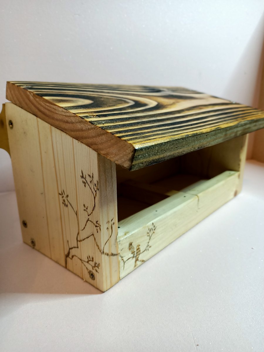 Wooden  Bird Feeder with Birds on a Branch Pyrography Design.
