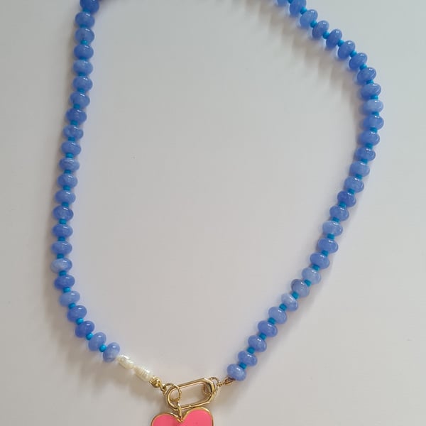 Blue beaded necklace with heart charm