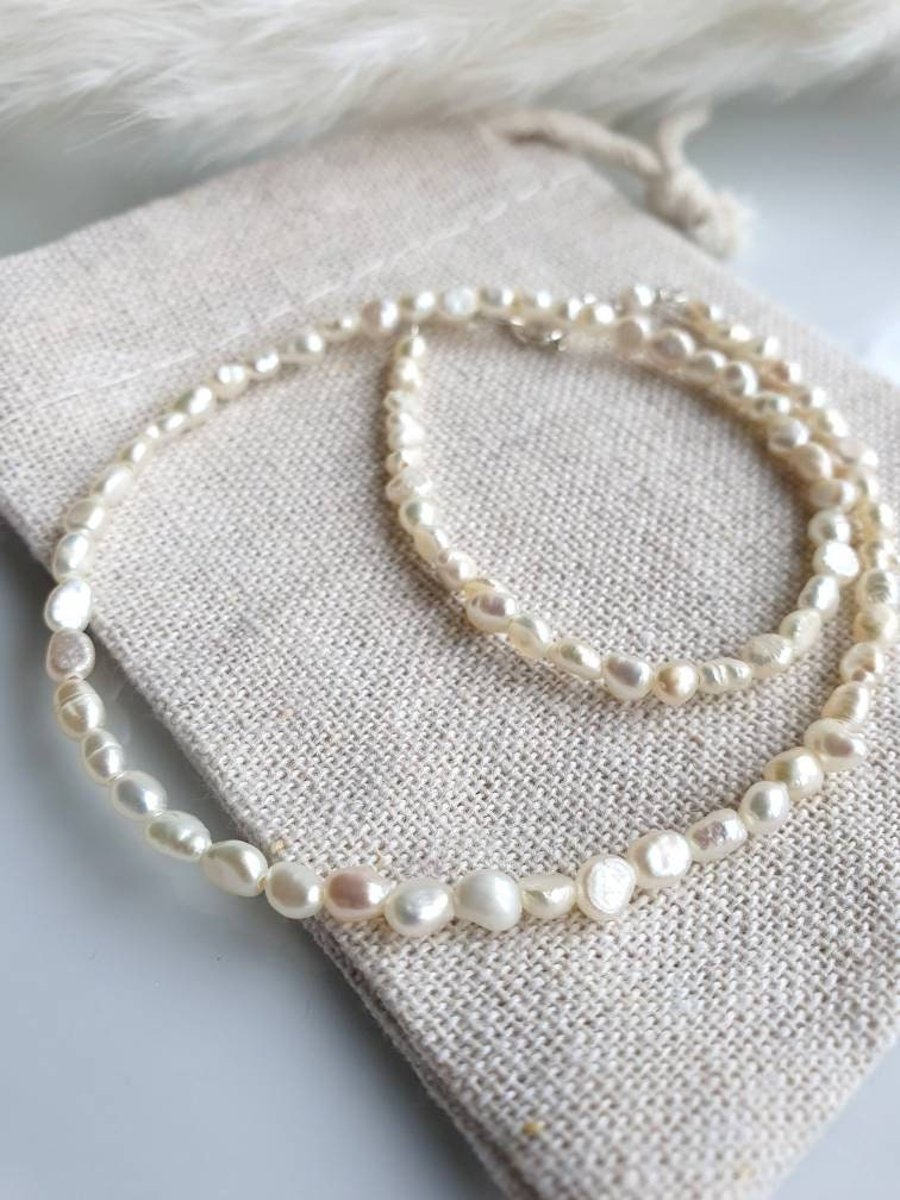 Tiny ivory freshwater pearl and sterling silver choker necklace