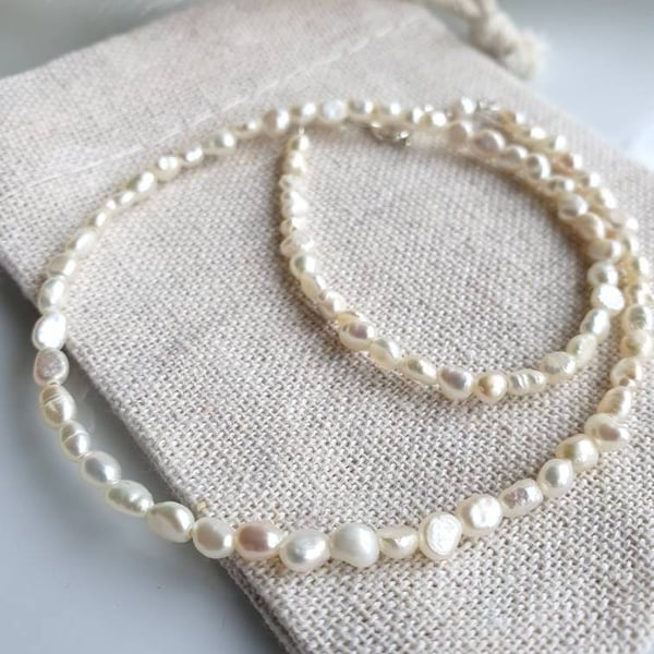 Tiny ivory freshwater pearl and sterling silver choker necklace