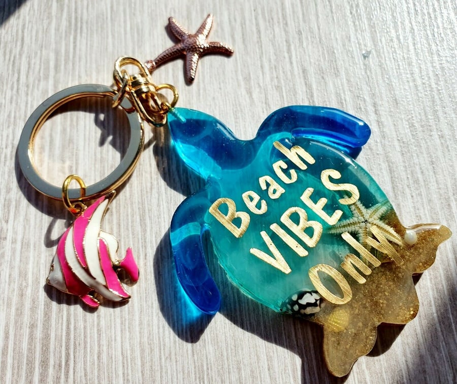 Beach VIBES Only Resin Turtle Keyring, Bag Purse Charm