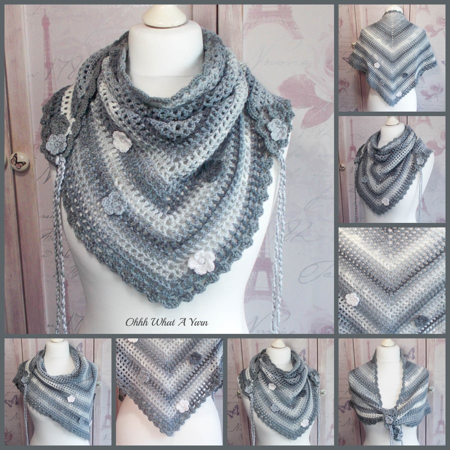 Crochet ladies grey and white ombre shawl, scarf, shawlette, wrap.