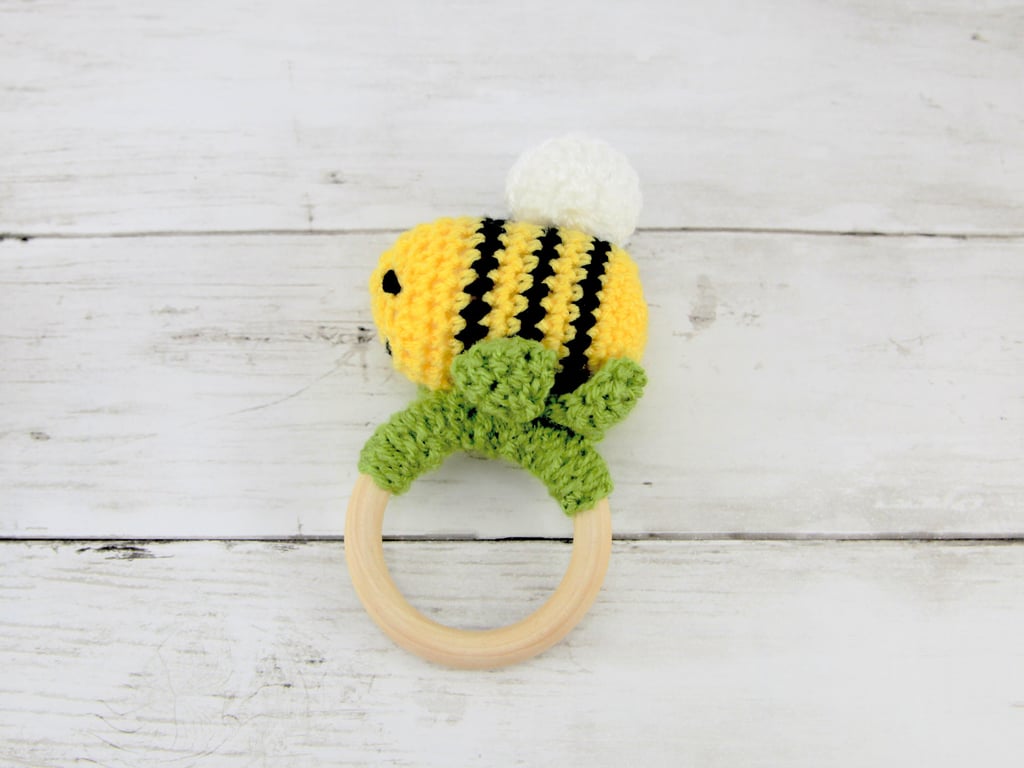 Crochet Bumblebee Wooden Teething Ring, Baby Shower Gift