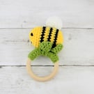 Crochet Bumblebee Wooden Teething Ring, Baby Shower Gift