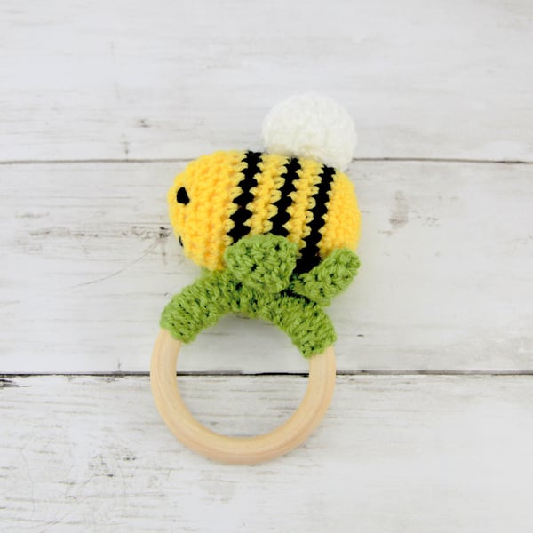 Crochet Bumblebee Wooden Teething Ring, Baby Shower Gift