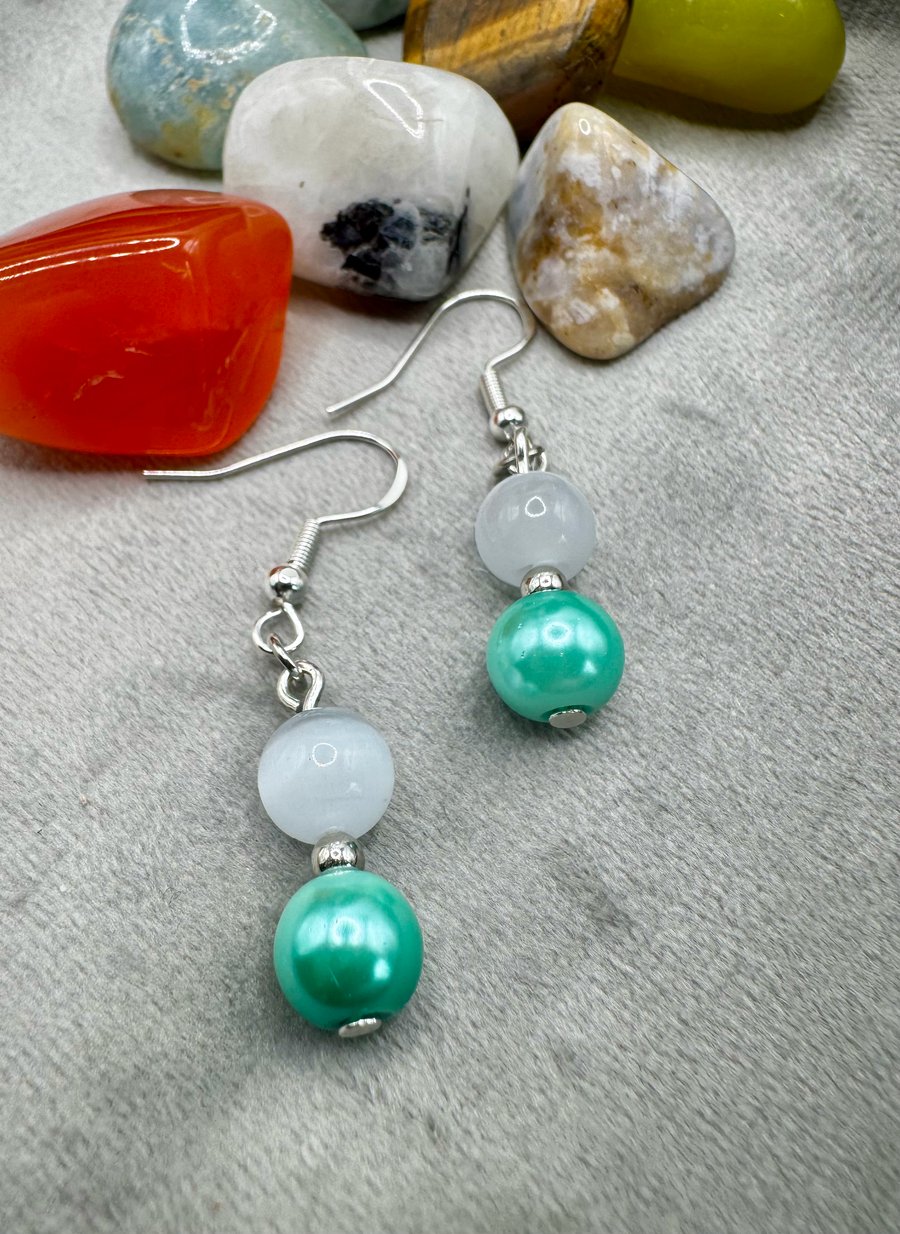 Glass pearl and Moonstone Earrings - light green