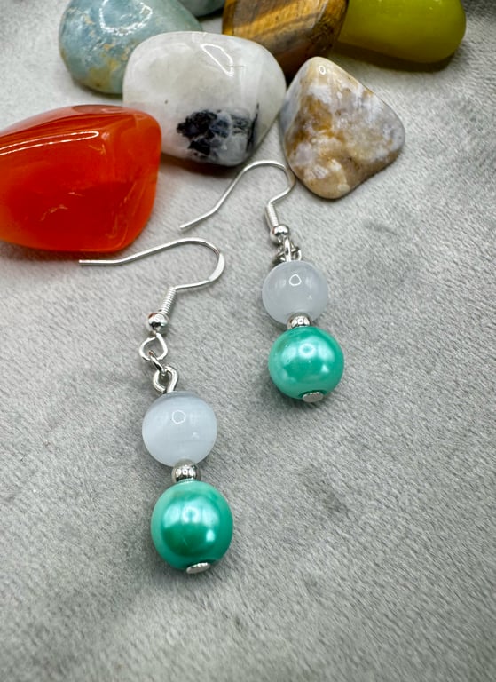 Glass pearl and Moonstone Earrings - light green