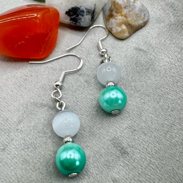 Glass pearl and Moonstone Earrings - light green