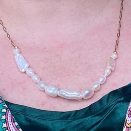 Random chunky Baroque pearl necklace on gold chain - BPCN01