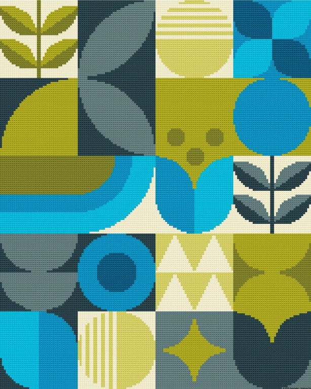 004A Cross Stitch Scandinavian Retro Geometric Shapes Contemporary Blue Pattern