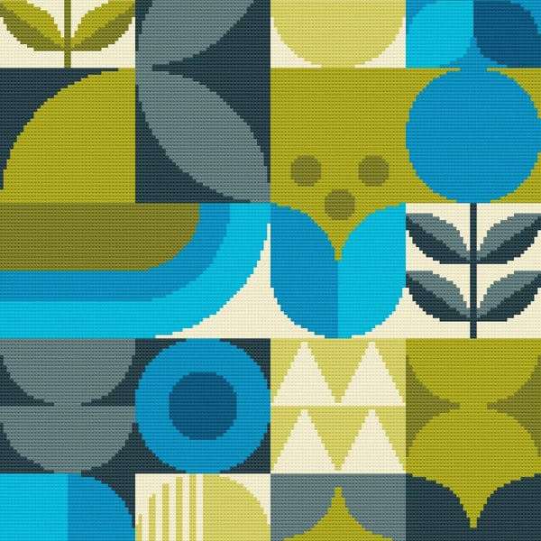 004A Cross Stitch Scandinavian Retro Geometric Shapes Contemporary Blue Pattern