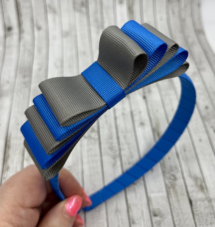 Royal Blue Hairband with 5 Layer Royal Blue and Grey Two-tone Straight Bow