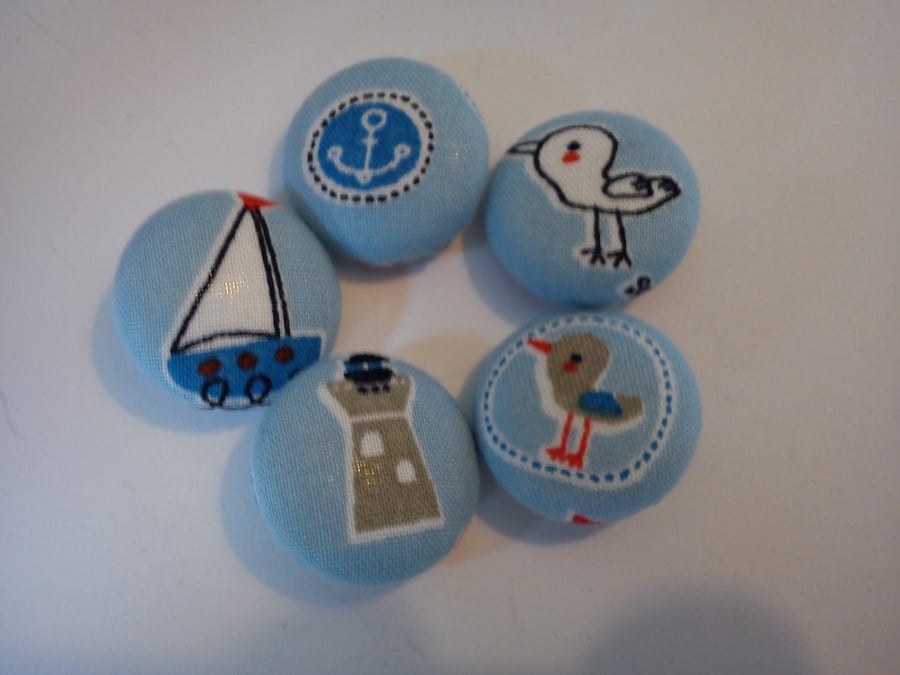 Nautical Mix fabric covered buttons boats anchor duck fish