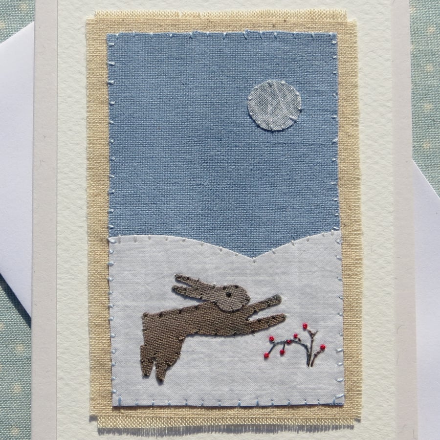 Moon Hare, detailed,hand-stitched card for or any winter occasion